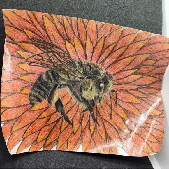 Hand Crafted Bee Flower Colored Pencil Drawing Framed 9x11" - Picture 9 of 14